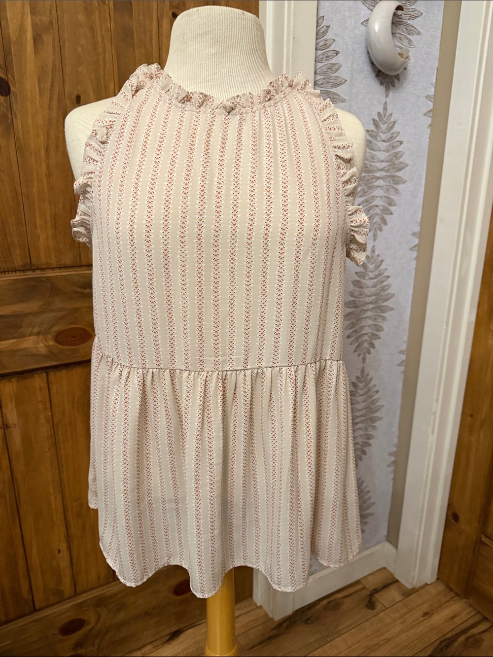 Staccato Cream and Pink Sleeveless Ruffle Neck Blouse